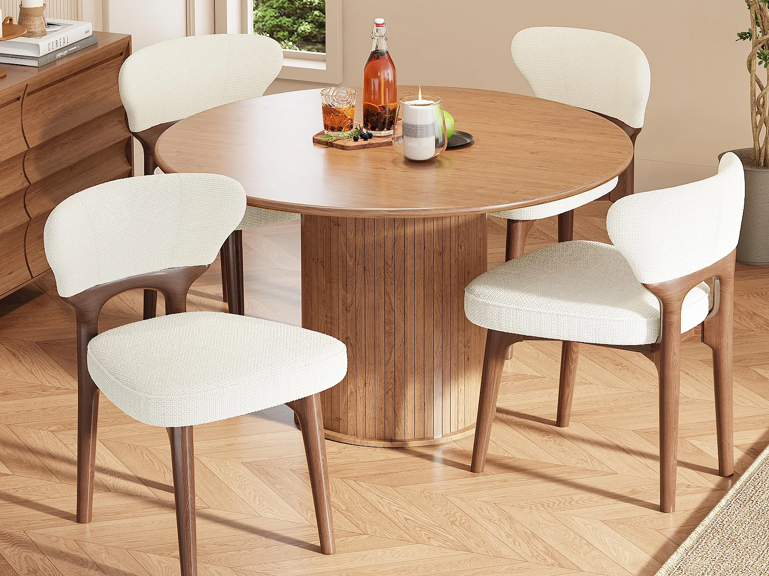 Lot de 4 chaises - Structure en bois massif - Revêtement en velours - Coussins d'assise et de dossier épais - Beige clair