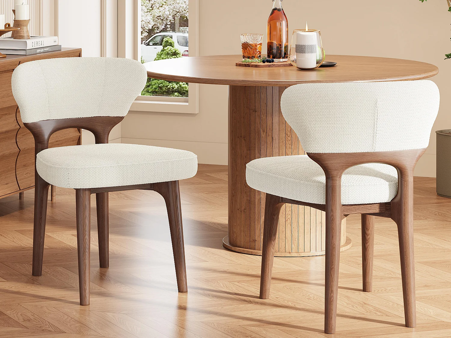 Set aus 2 Stühlen - Gestell aus Massivholz - Bezug aus Samt - Dicke Sitz- und Rückenkissen - Hellbeige