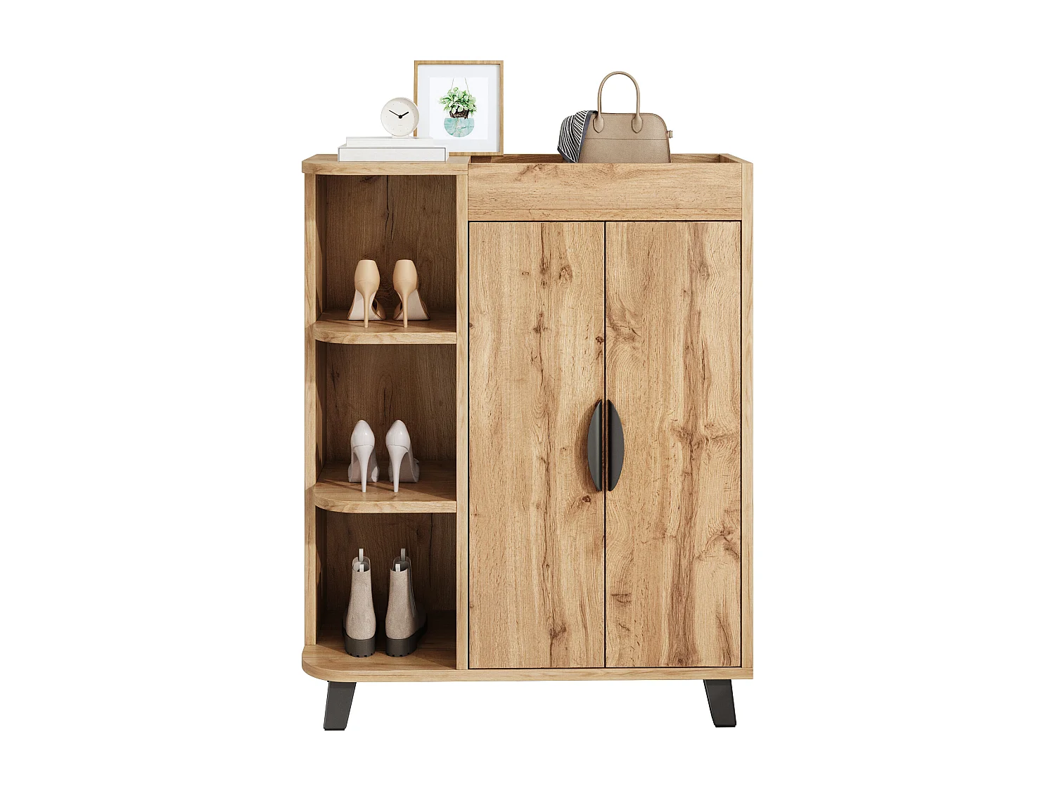 Schuhschrank 80x32x99 cm - Offenes Regal - 2 Türen und oberes Regal - Spanplatten - Natur