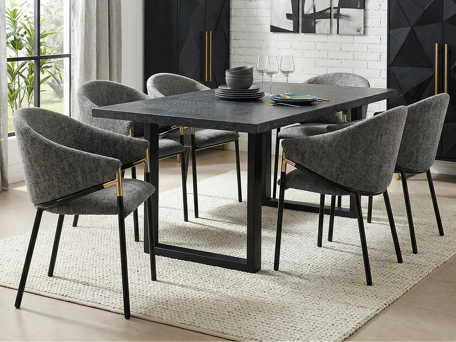 Set aus 6 Stühlen - Moderner Stil - Samtstoff - Armlehnen aus goldenem Edelstahl - Dicke Rückenlehne - Grau