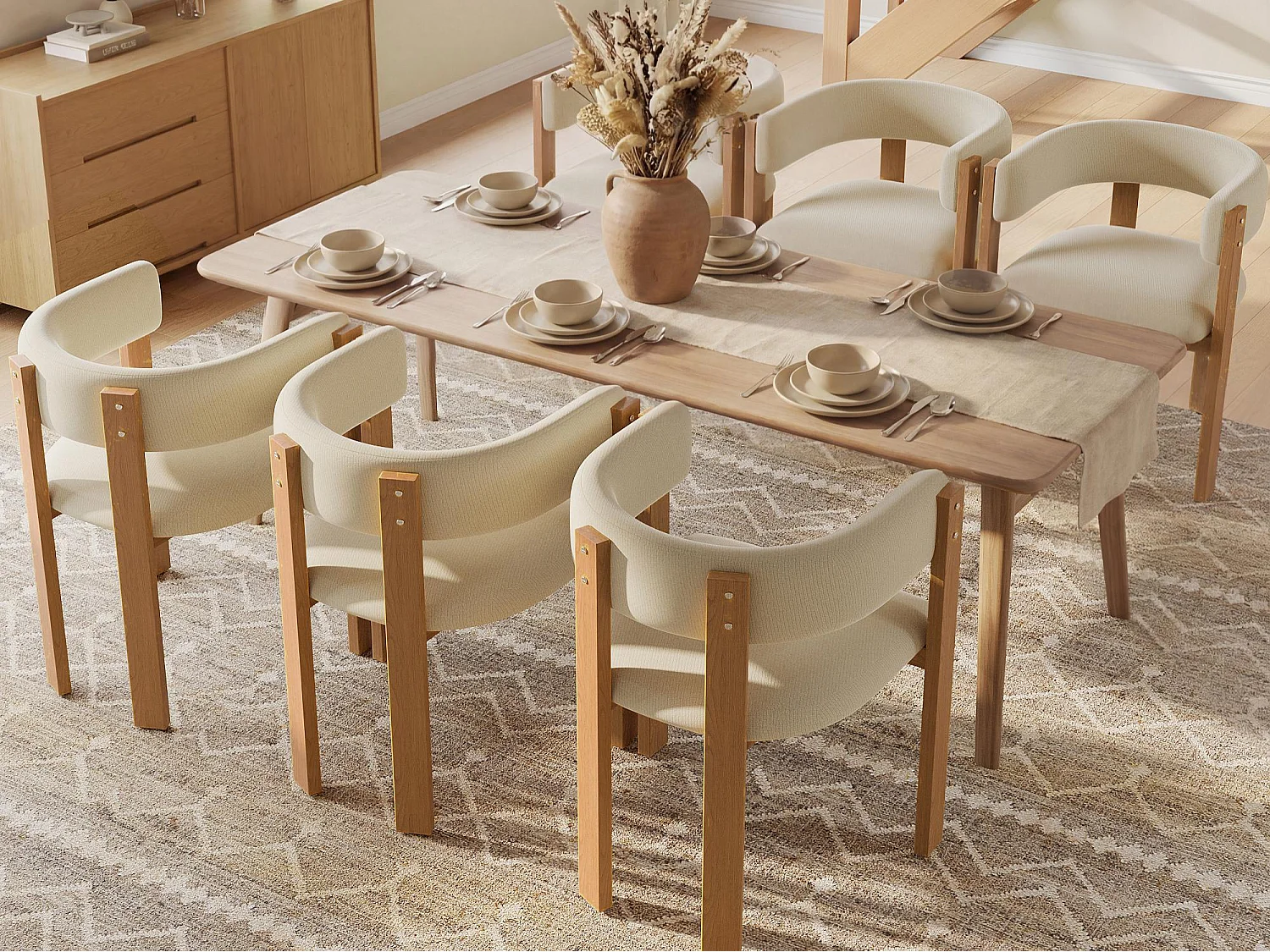 Set aus 6 gepolsterten Esstischstühlen - aus Flanellstoff - Eisenfüße in Holzoptik - beige + Natur