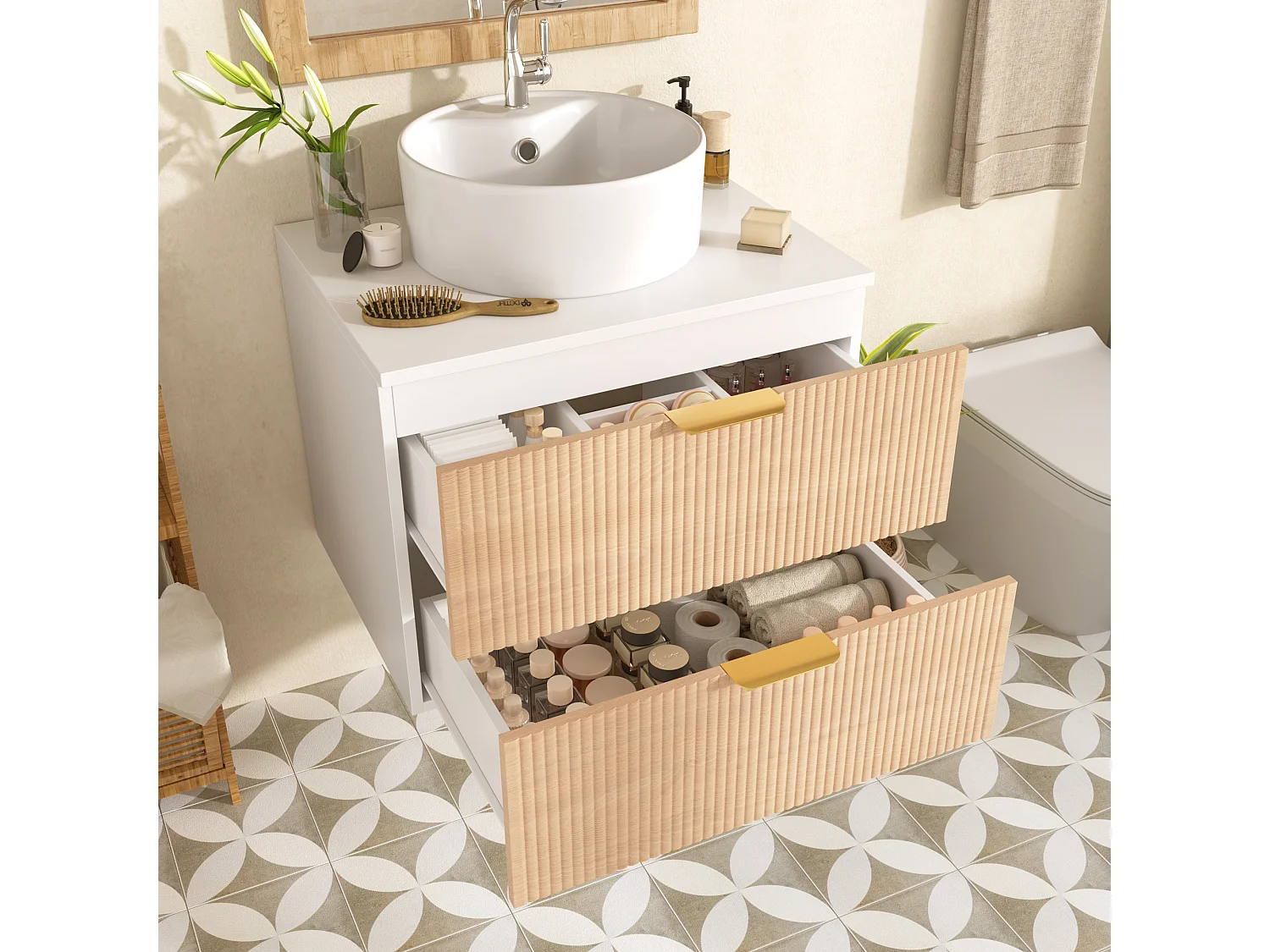 Meuble de salle de bain mural - 60 x 45 x 60 cm - avec vasque en céramique + 2 tiroirs + plan de travail - MDF - blanc + naturel