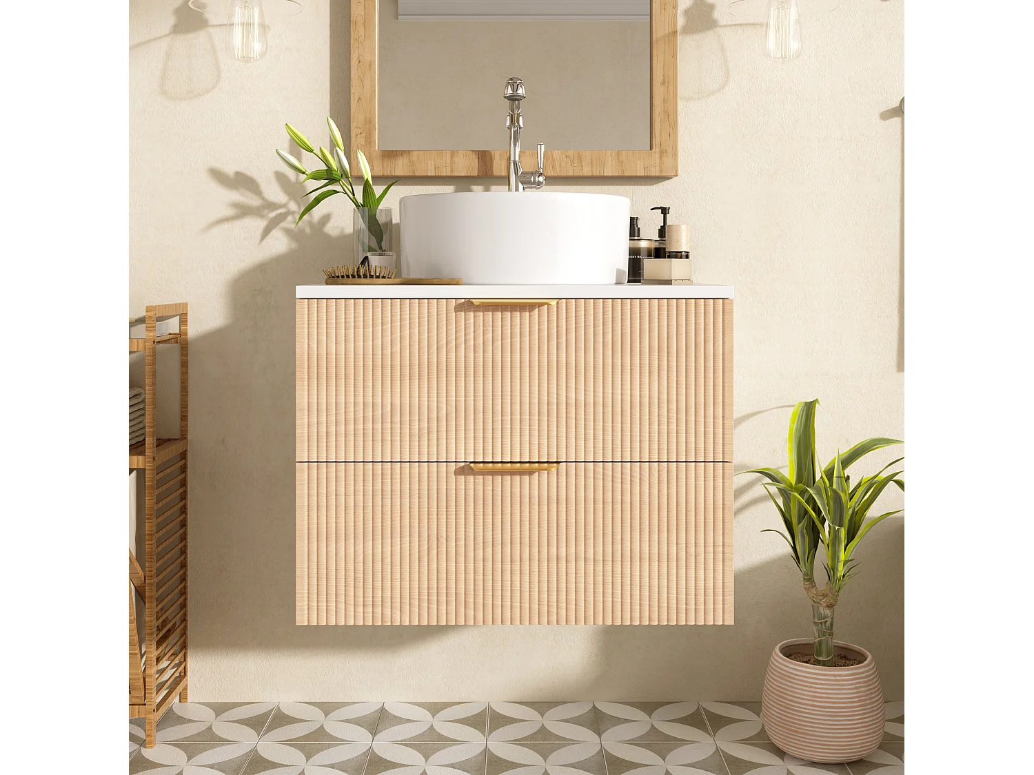 Meuble de salle de bain mural - 60 x 45 x 60 cm - avec vasque en céramique + 2 tiroirs + plan de travail - MDF - blanc + naturel