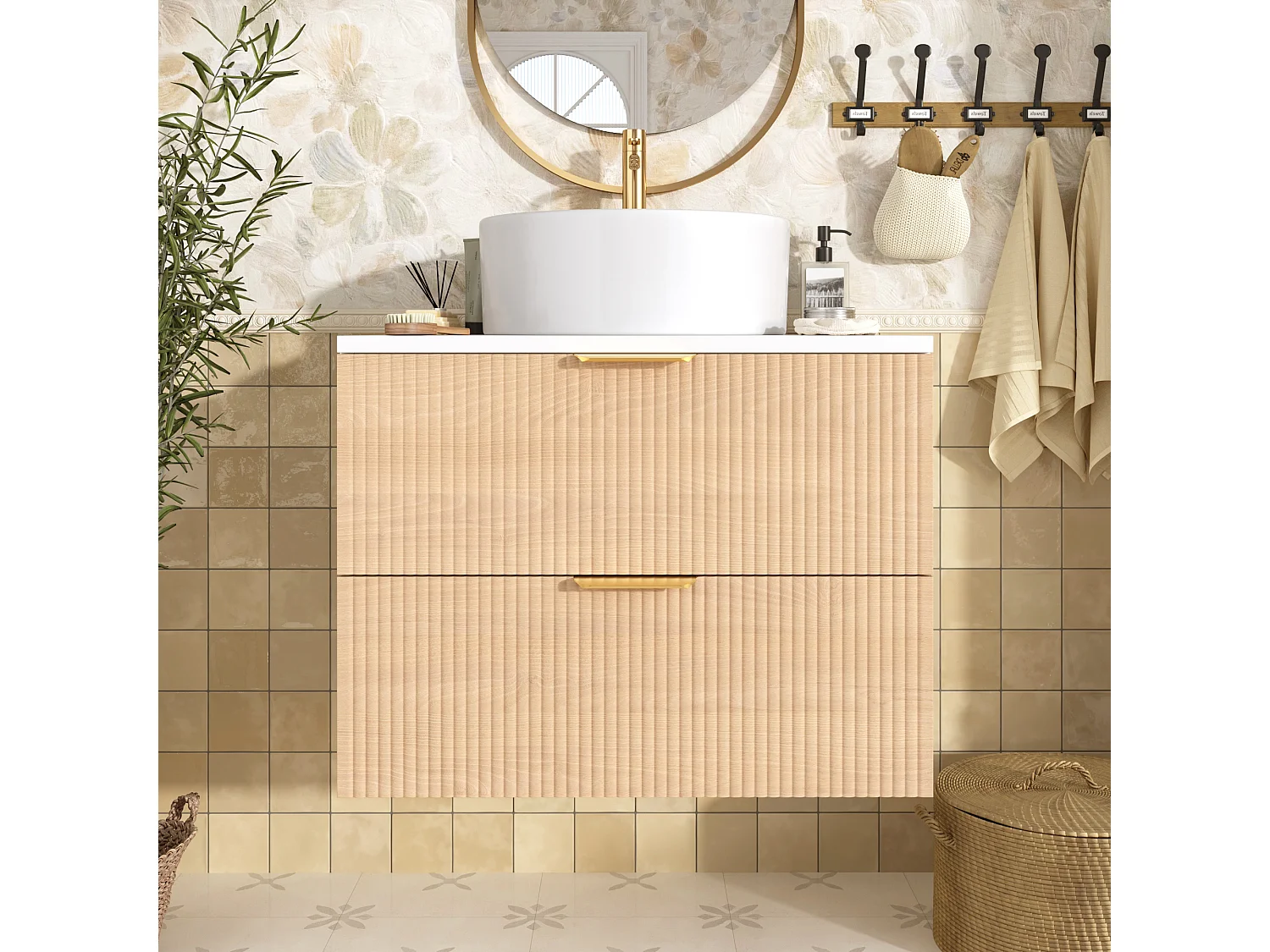 Meuble de salle de bain mural - 60 x 45 x 60 cm - avec vasque en céramique + 2 tiroirs + plan de travail - MDF - blanc + naturel