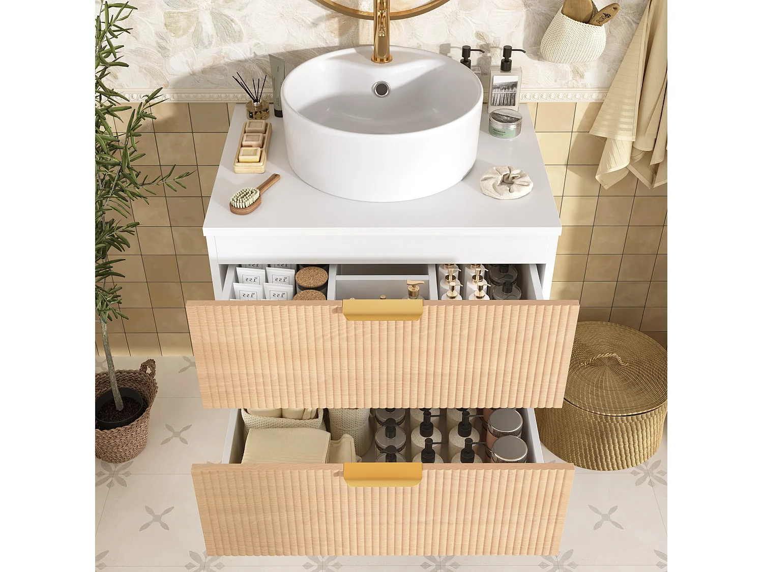 Meuble de salle de bain mural - 60 x 45 x 60 cm - avec vasque en céramique + 2 tiroirs + plan de travail - MDF - blanc + naturel