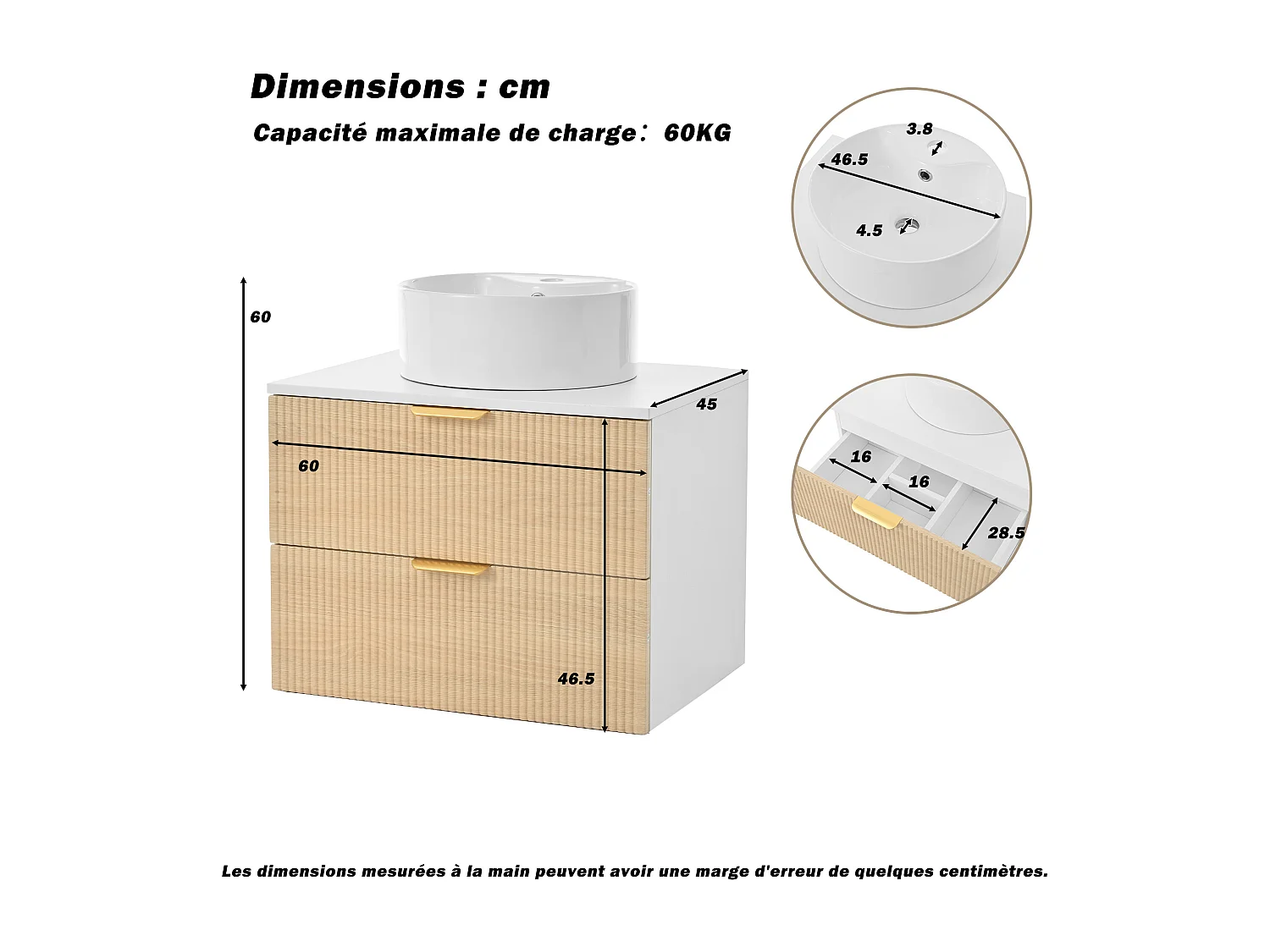Meuble de salle de bain mural - 60 x 45 x 60 cm - avec vasque en céramique + 2 tiroirs + plan de travail - MDF - blanc + naturel