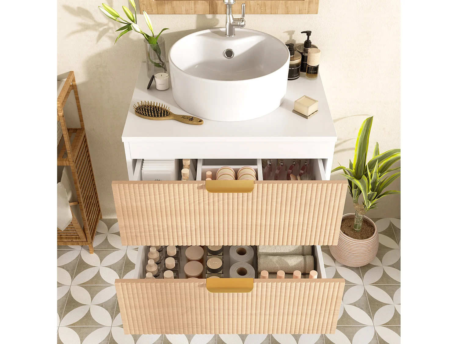 Meuble de salle de bain mural - 60 x 45 x 60 cm - avec vasque en céramique + 2 tiroirs + plan de travail - MDF - blanc + naturel