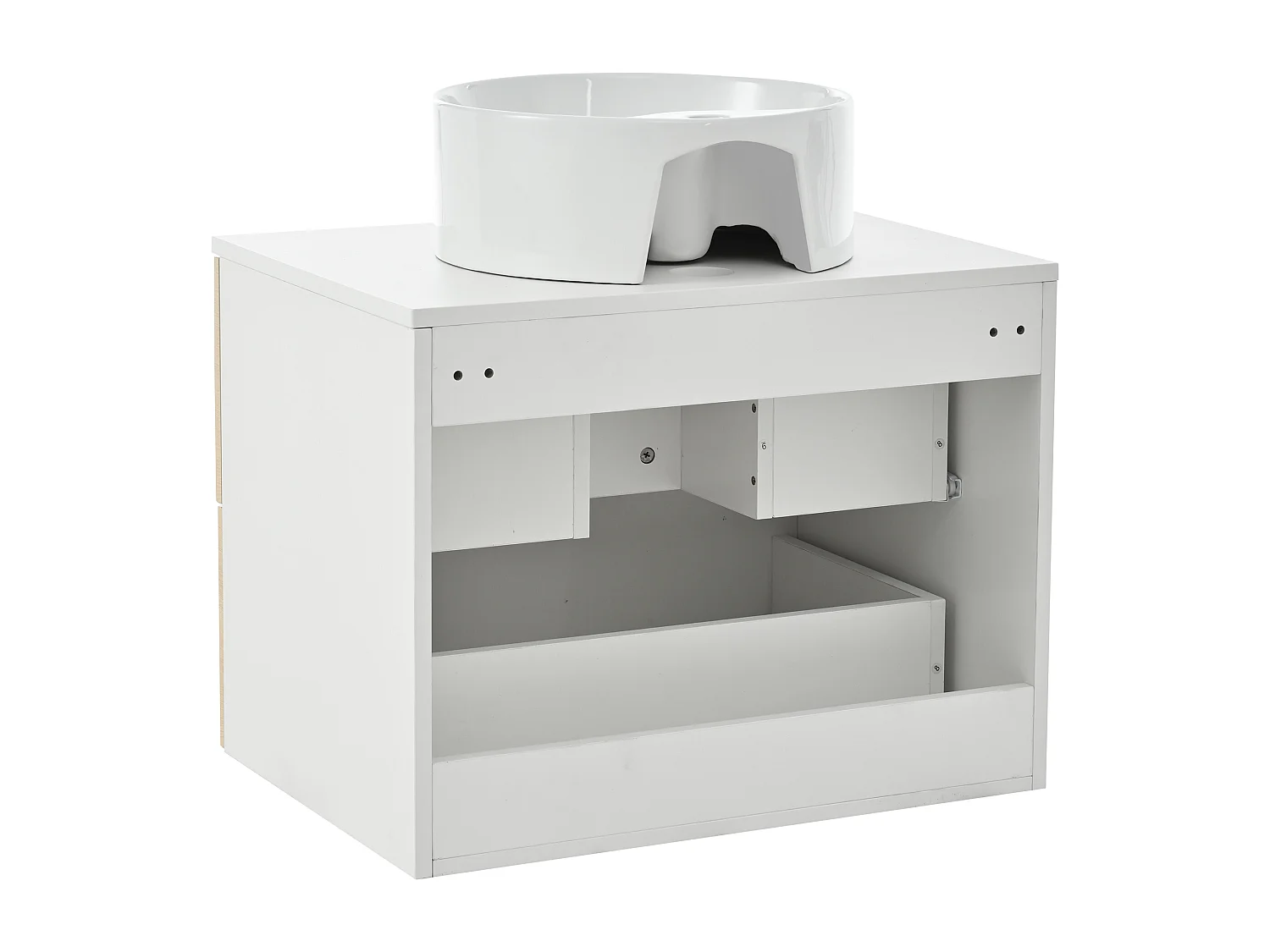 Meuble de salle de bain mural - 60 x 45 x 60 cm - avec vasque en céramique + 2 tiroirs + plan de travail - MDF - blanc + naturel