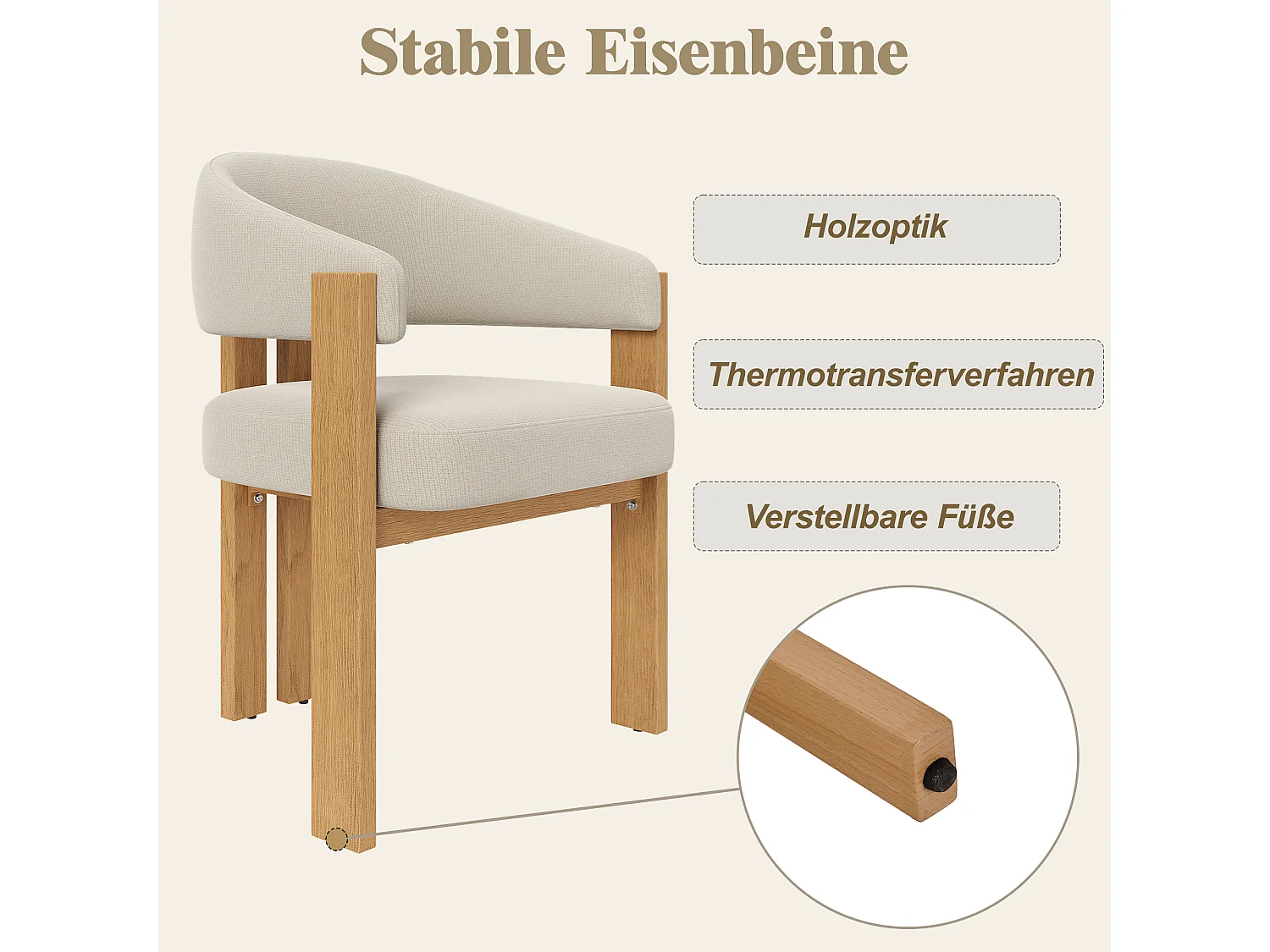 Lot de 4 Chaise de salle à manger rembourrées - en tissu en flanelle - pieds en fer à l'aspect bois - beige + Naturel