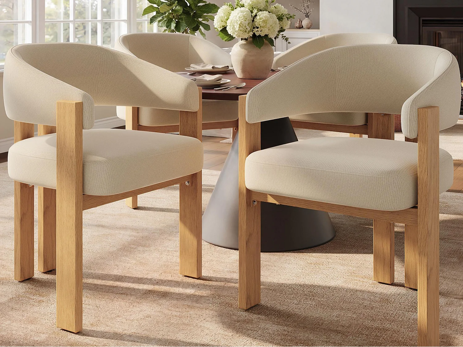 Set van 4 Gestoften eetkamerstoelen - van flanellen stof - ijzeren poten in houtlook - beige + Natuur