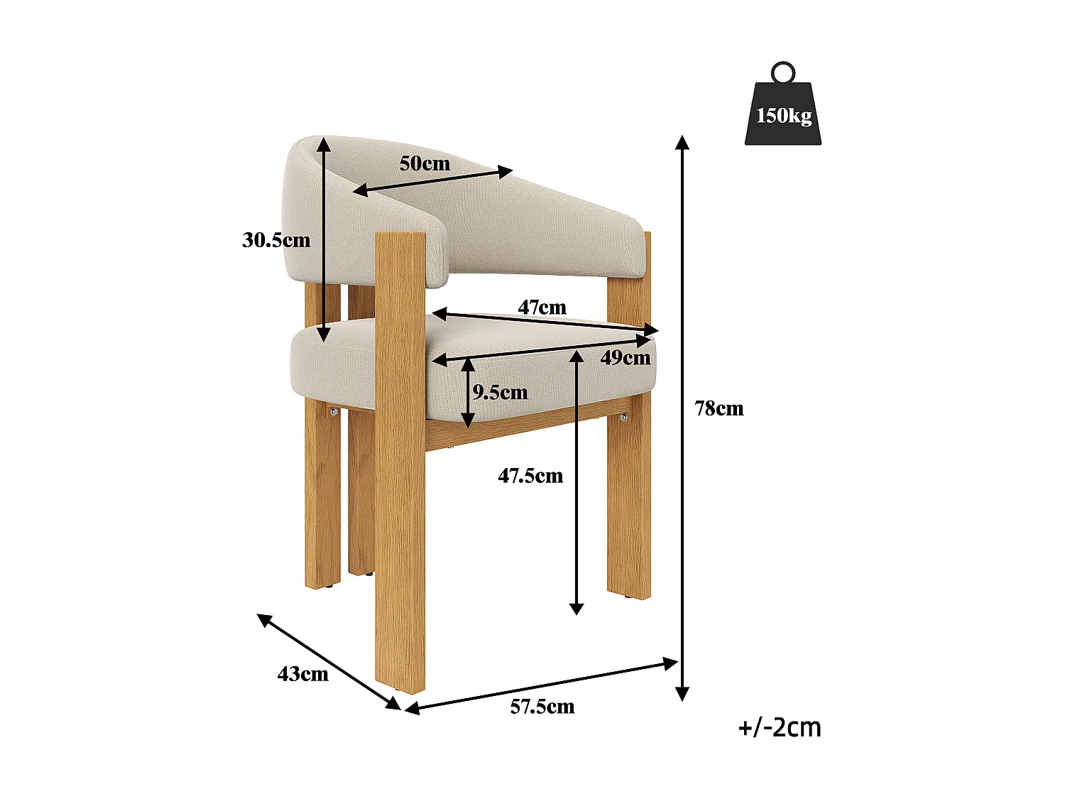Lot de 2 Chaise de salle à manger rembourrées - en tissu en flanelle - pieds en fer à l'aspect bois - beige + Naturel