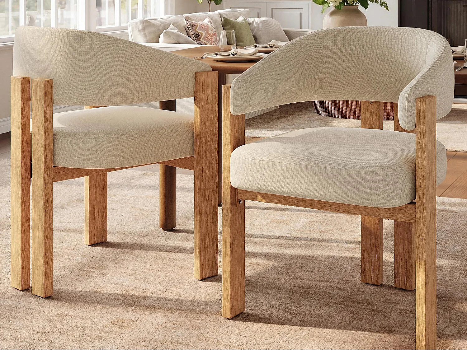 Lot de 2 Chaise de salle à manger rembourrées - en tissu en flanelle - pieds en fer à l'aspect bois - beige + Naturel