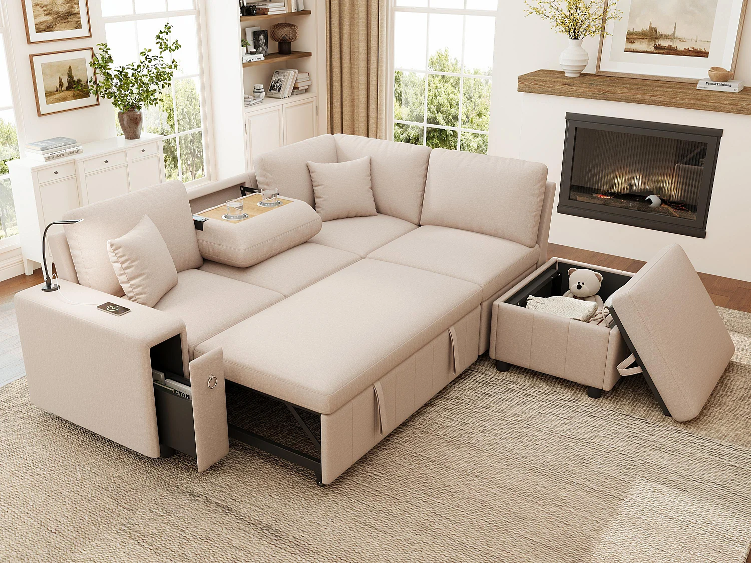 Canapé d'angle en L - 5 places - avec pouf de rangement - avec table basse pliante - avec ports USB et Type-C - avec liseuse - avec 2 coussins - beige
