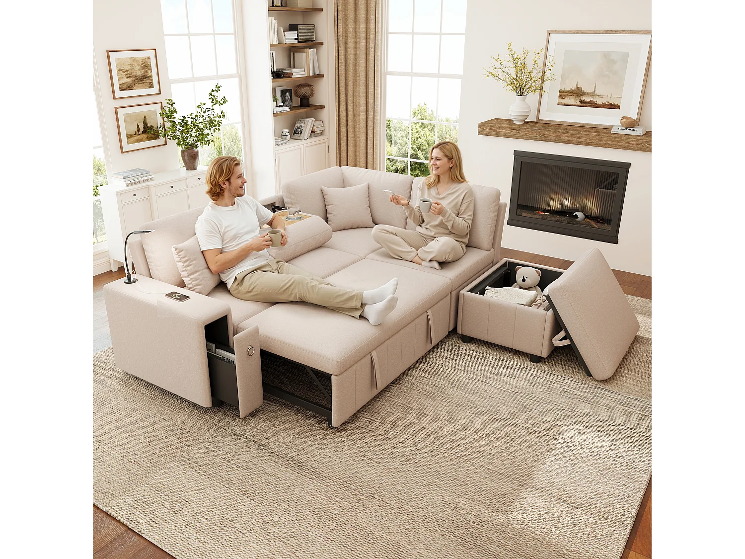 Canapé d'angle en L - 5 places - avec pouf de rangement - avec table basse pliante - avec ports USB et Type-C - avec liseuse - avec 2 coussins - beige