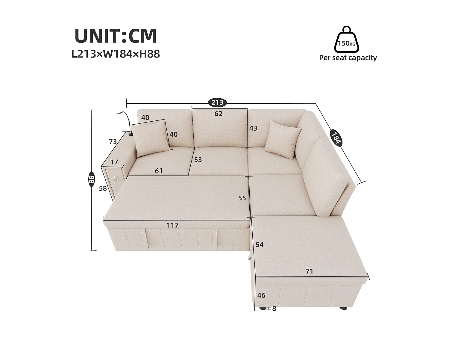 Canapé d'angle en L - 5 places - avec pouf de rangement - avec table basse pliante - avec ports USB et Type-C - avec liseuse - avec 2 coussins - beige