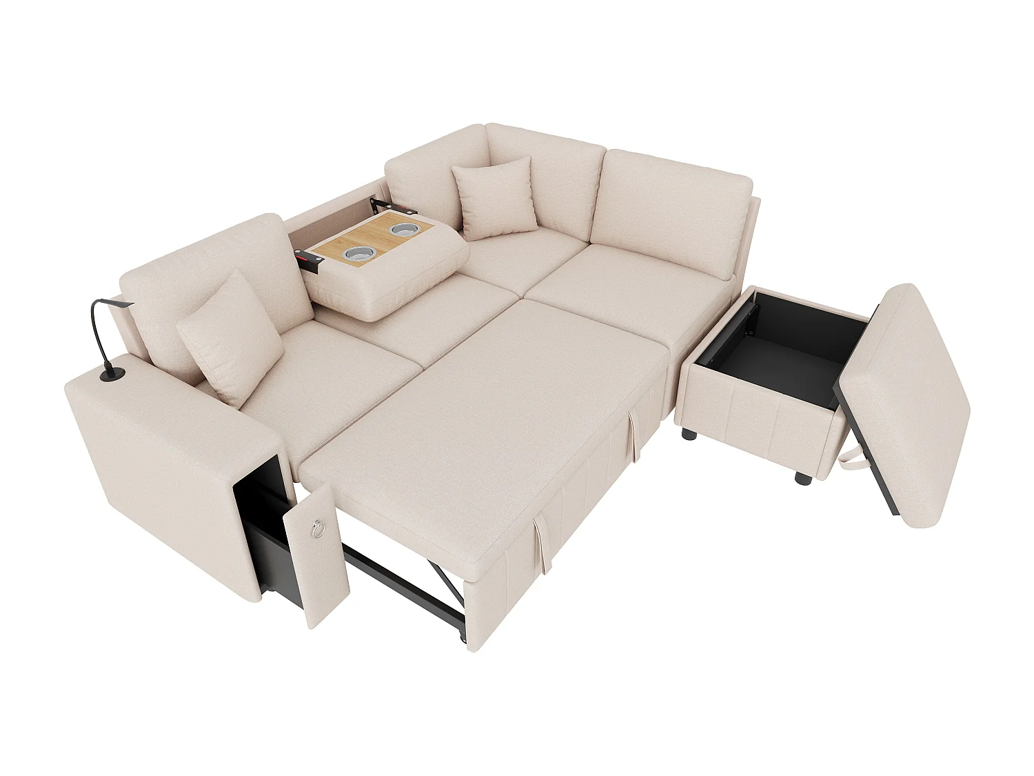Canapé d'angle en L - 5 places - avec pouf de rangement - avec table basse pliante - avec ports USB et Type-C - avec liseuse - avec 2 coussins - beige