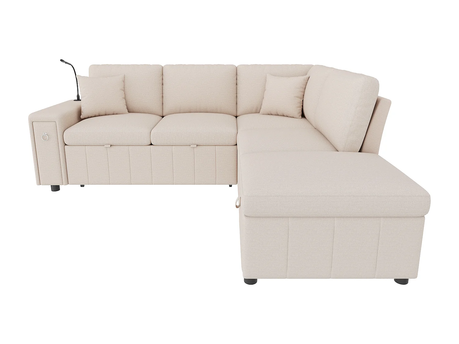 Canapé d'angle en L - 5 places - avec pouf de rangement - avec table basse pliante - avec ports USB et Type-C - avec liseuse - avec 2 coussins - beige