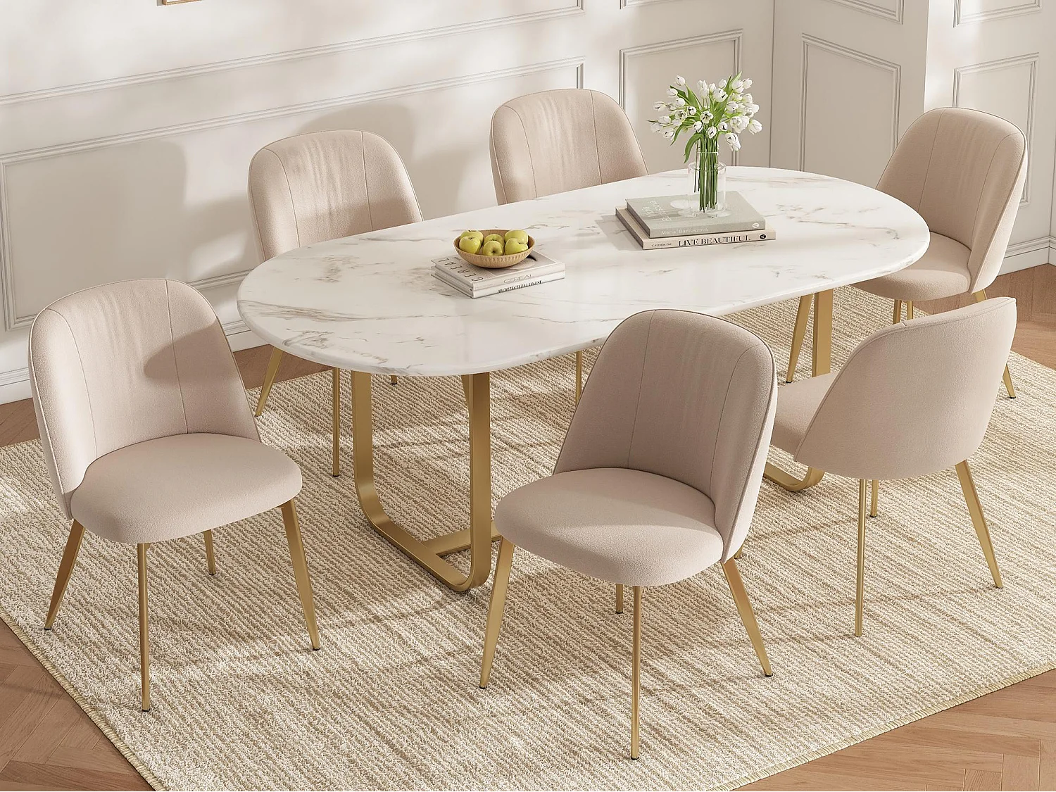 Set aus 6 modernen Stühlen - Bequeme Rückenlehne - Metallfüße - Bezug aus Samt - Beige