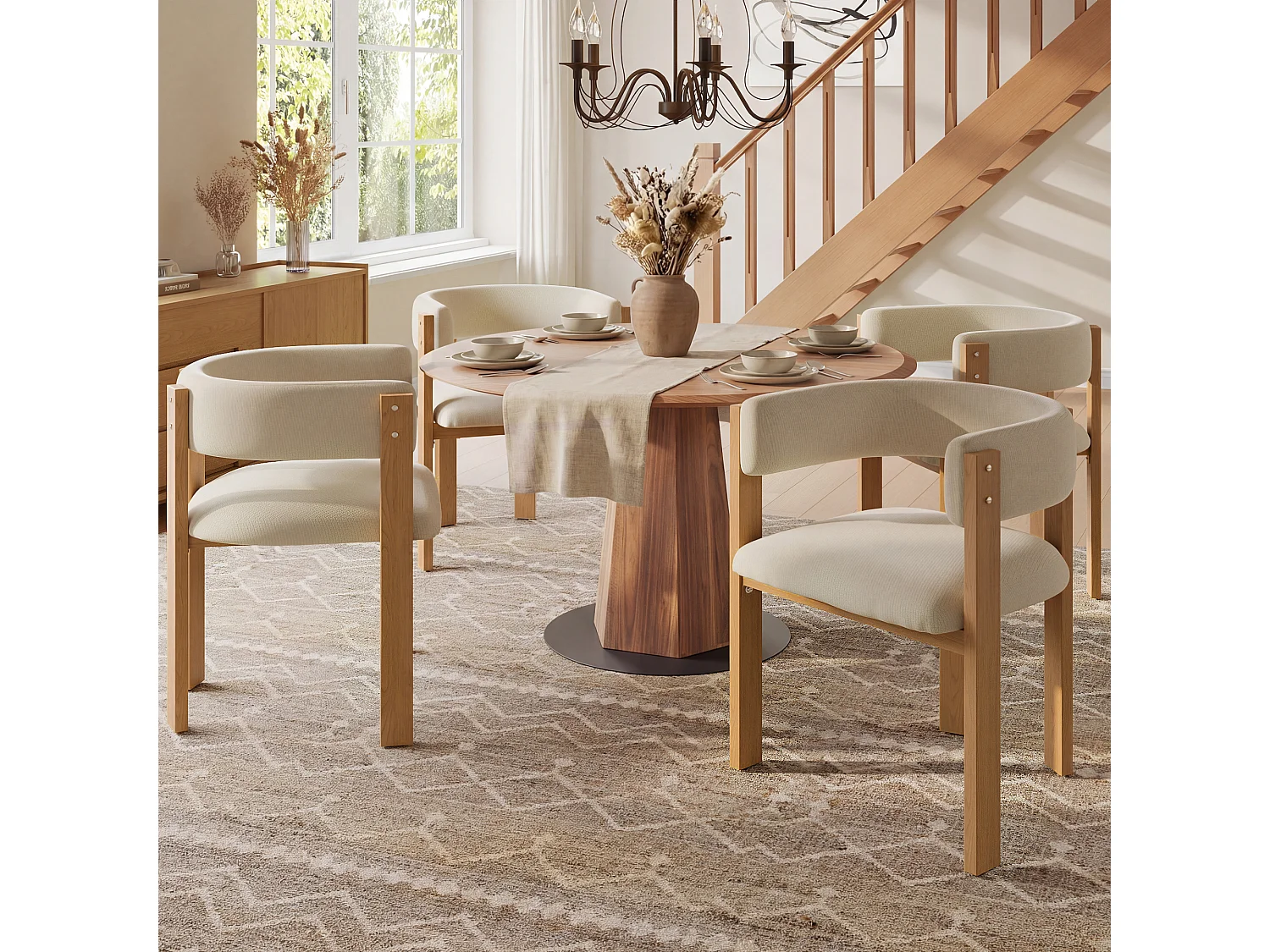 Lot de 4 Chaise de salle à manger rembourrées - en tissu en flanelle - pieds en fer à l'aspect bois - beige + Naturel