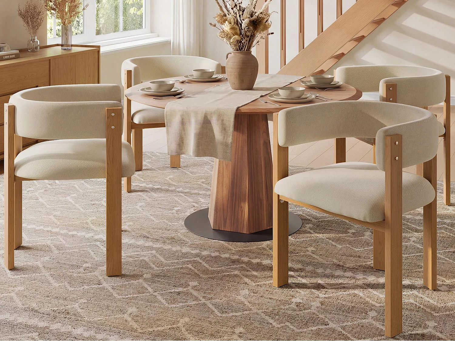 Sæt med 4 polstrede spisestole - Flannelstof - Jernben i trælook - Beige + Natur