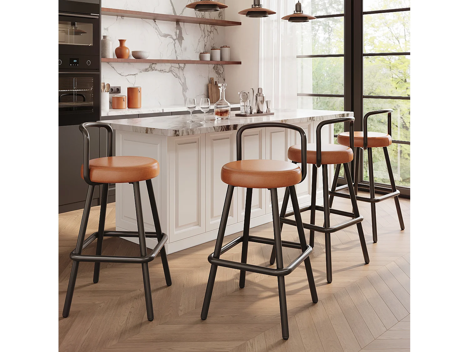 Lot de 4 tabourets de bar rembourrés - cuir PU imperméable - avec dossier et repose-pieds - structure en métal - Style rétro - marron