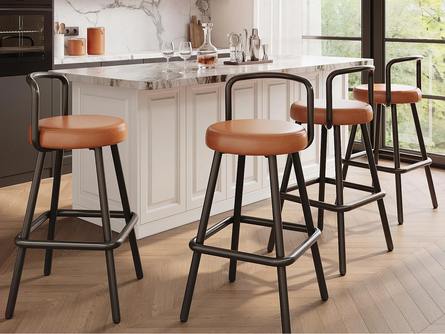Lot de 4 tabourets de bar rembourrés - cuir PU imperméable - avec dossier et repose-pieds - structure en métal - Style rétro - marron