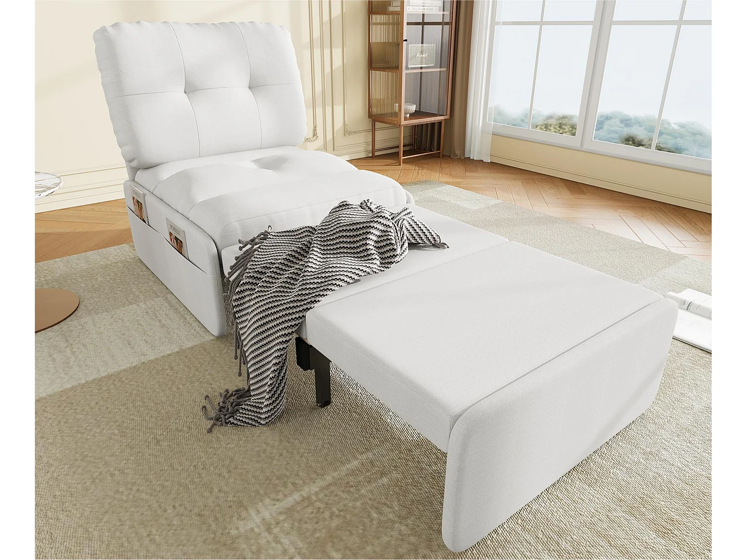 Canapé 1 place 2 en 1 - Canapé-lit, Fauteuil - Avec matelas dépliable - Sac de rangement - Structure en bois +Tissu lin - Blanc