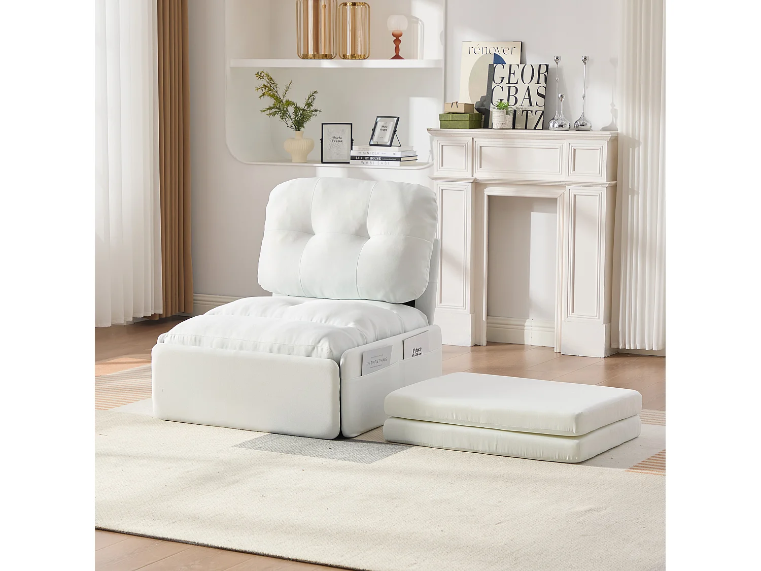 Canapé 1 place 2 en 1 - Canapé-lit, Fauteuil - Avec matelas dépliable - Sac de rangement - Structure en bois +Tissu lin - Blanc