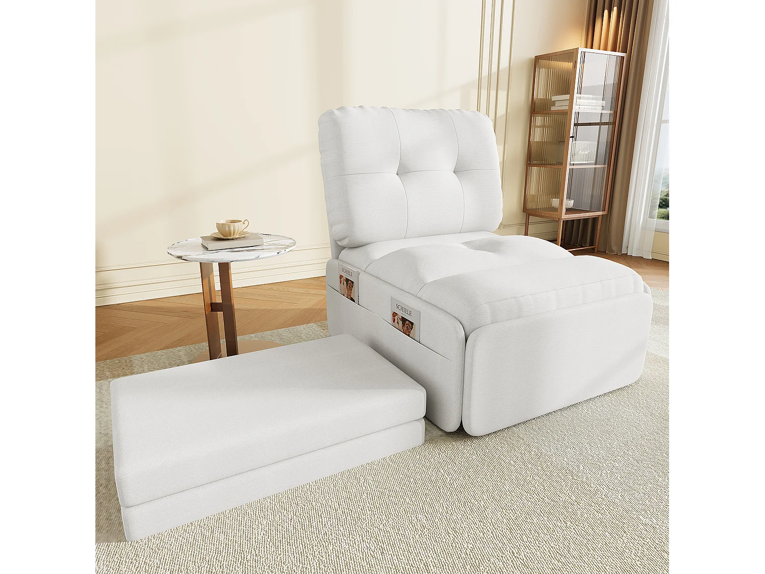 Canapé 1 place 2 en 1 - Canapé-lit, Fauteuil - Avec matelas dépliable - Sac de rangement - Structure en bois +Tissu lin - Blanc