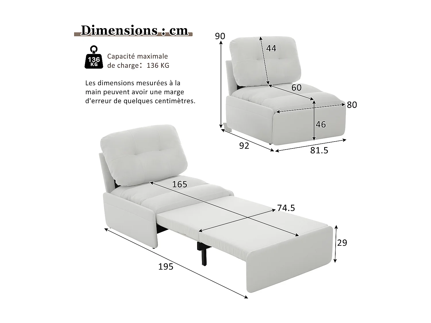 Canapé 1 place 2 en 1 - Canapé-lit, Fauteuil - Avec matelas dépliable - Sac de rangement - Structure en bois +Tissu lin - Blanc