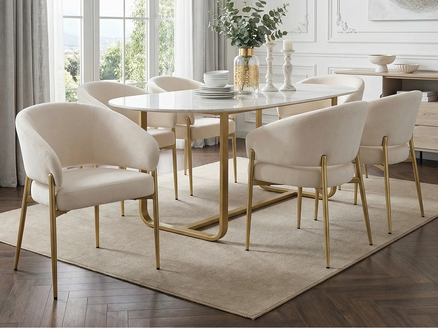 Set di 6 sedie - Stile moderno - Cuscini di seduta imbottiti - Piedi in metallo - Tessuto velluto - Beige