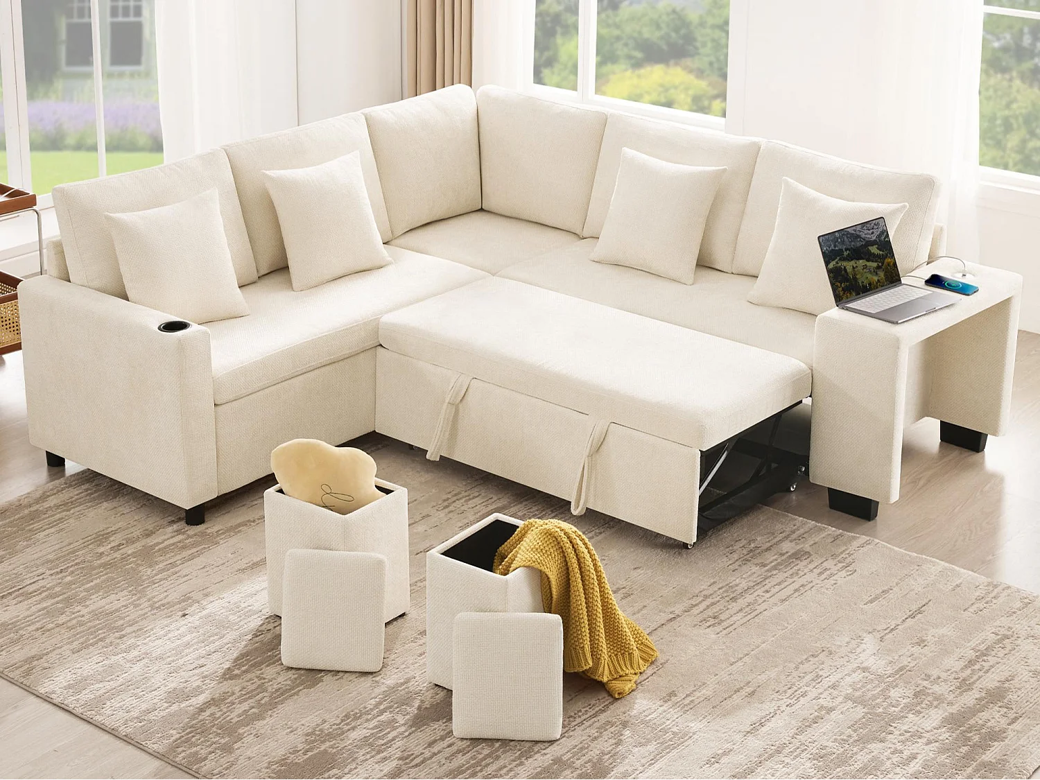 Canapé d'angle en L - 5 places - avec porte-gobelets - ports USB + USB-C - Tissu chenille - avec coussins - beige
