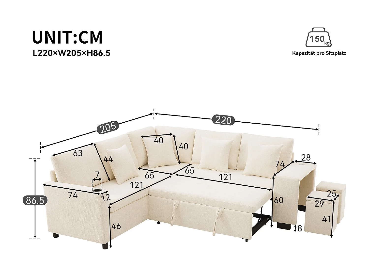 Canapé d'angle en L - 5 places - avec porte-gobelets - ports USB + USB-C - Tissu chenille - avec coussins - beige