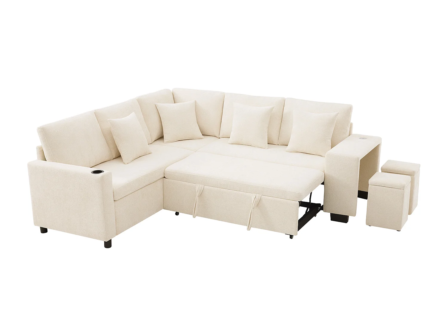 Canapé d'angle en L - 5 places - avec porte-gobelets - ports USB + USB-C - Tissu chenille - avec coussins - beige