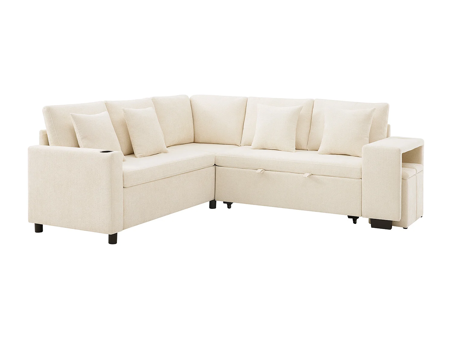 Canapé d'angle en L - 5 places - avec porte-gobelets - ports USB + USB-C - Tissu chenille - avec coussins - beige