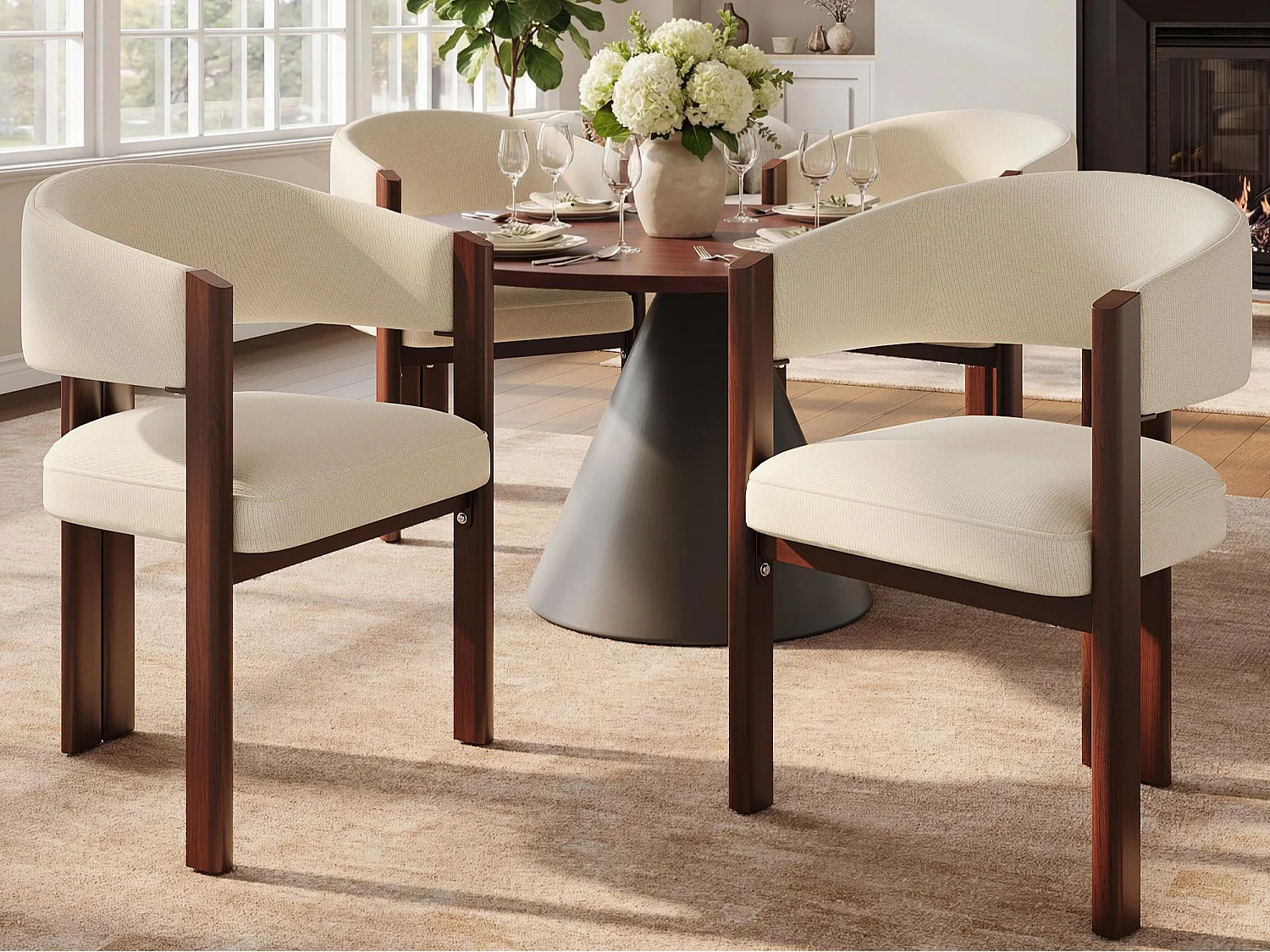 Set aus 4 gepolsterten Esstischstühlen - aus Flanellstoff - Eisenfüße in Holzoptik - beige
