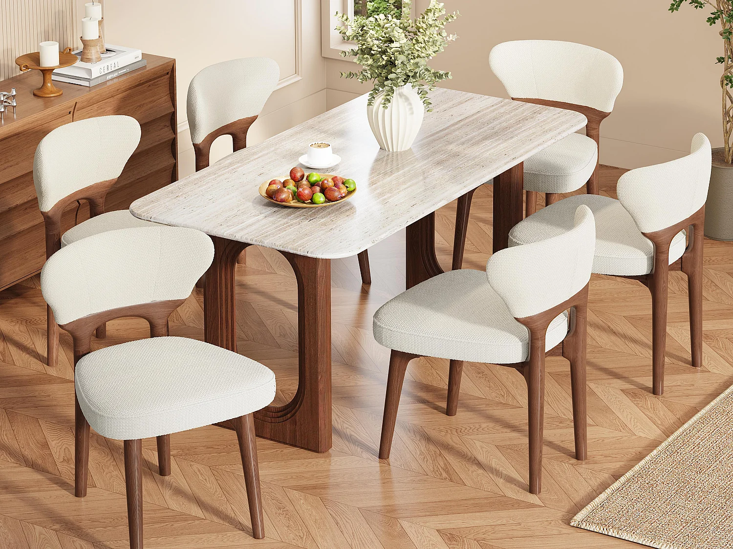 Set aus 6 Stühlen - Gestell aus Massivholz - Bezug aus Samt - Dicke Sitz- und Rückenkissen - Hellbeige