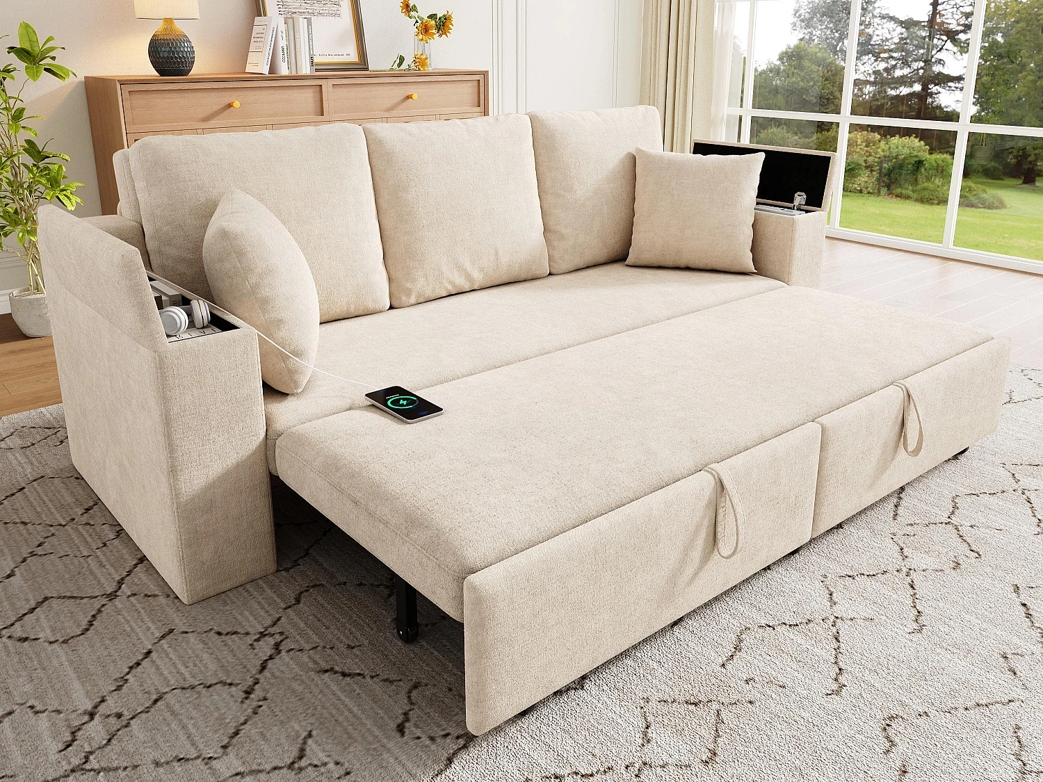 Multifunktions-Sofa 3 in 1 - 3 Personen - mit Stauraum - mit USB-Ladeanschluss - Chenille-Stoff - Beige
