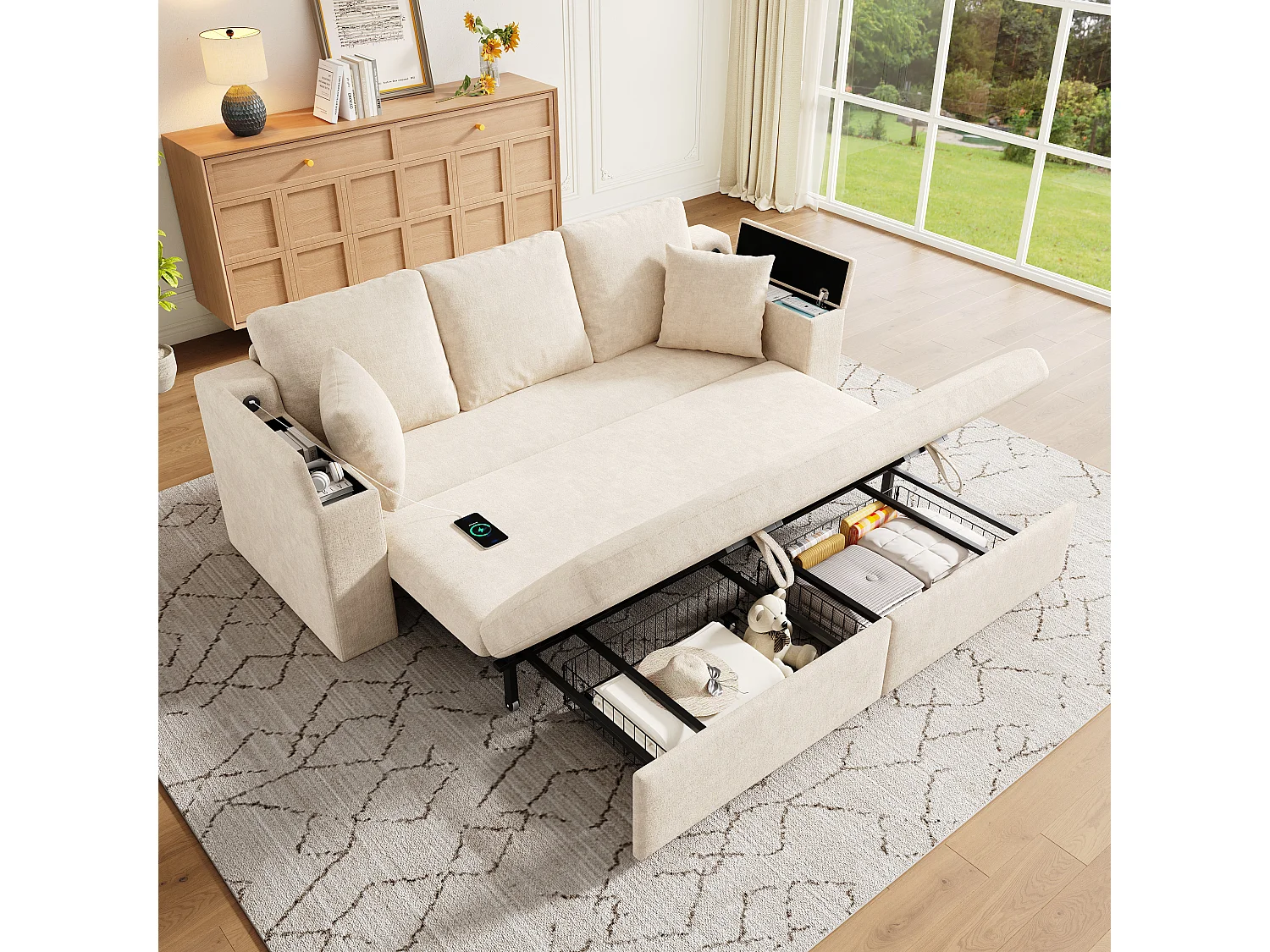 Multifunktions-Sofa 3 in 1 - 3 Personen - mit Stauraum - mit USB-Ladeanschluss - Chenille-Stoff - Beige