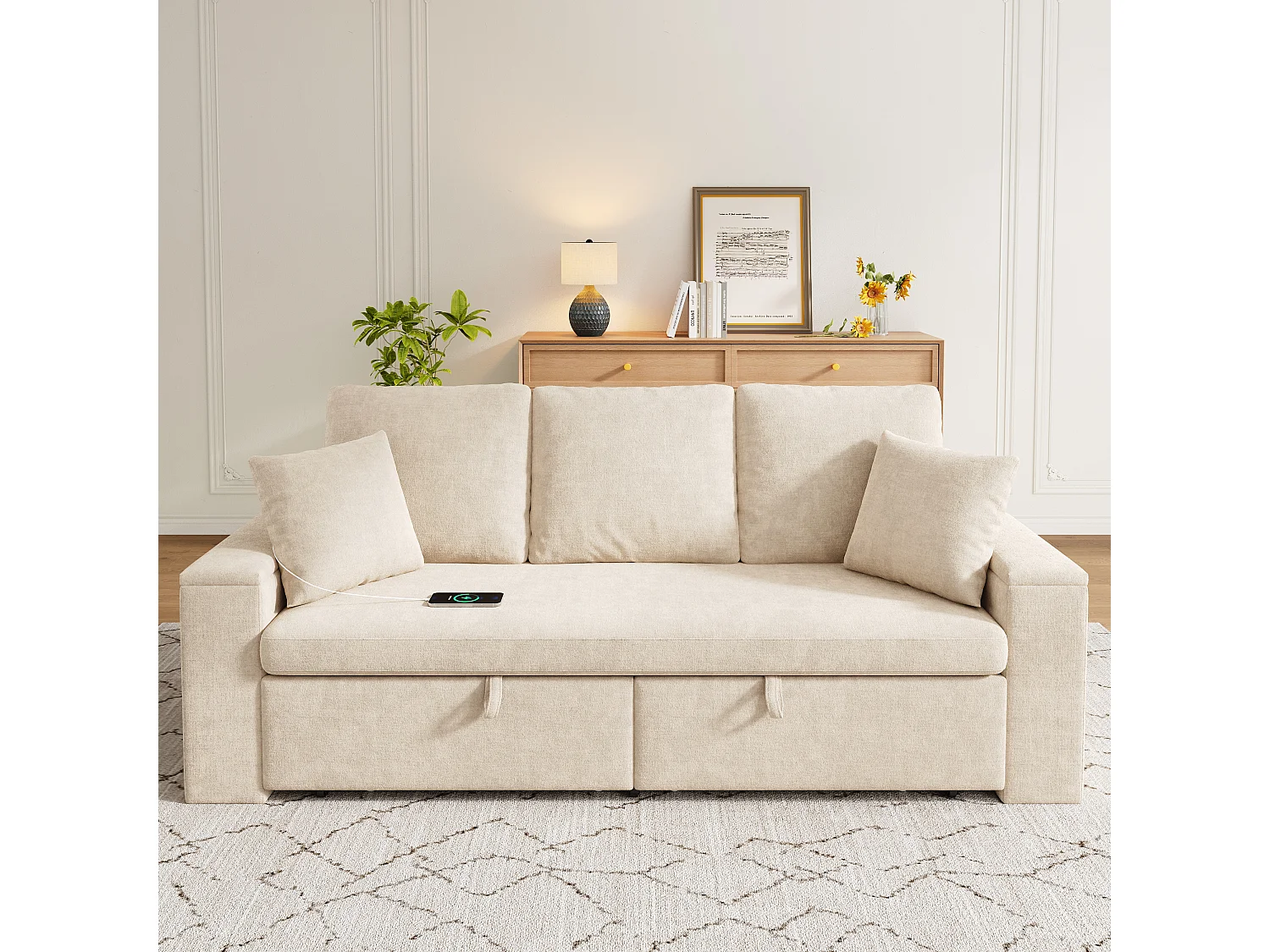 Multifunktions-Sofa 3 in 1 - 3 Personen - mit Stauraum - mit USB-Ladeanschluss - Chenille-Stoff - Beige