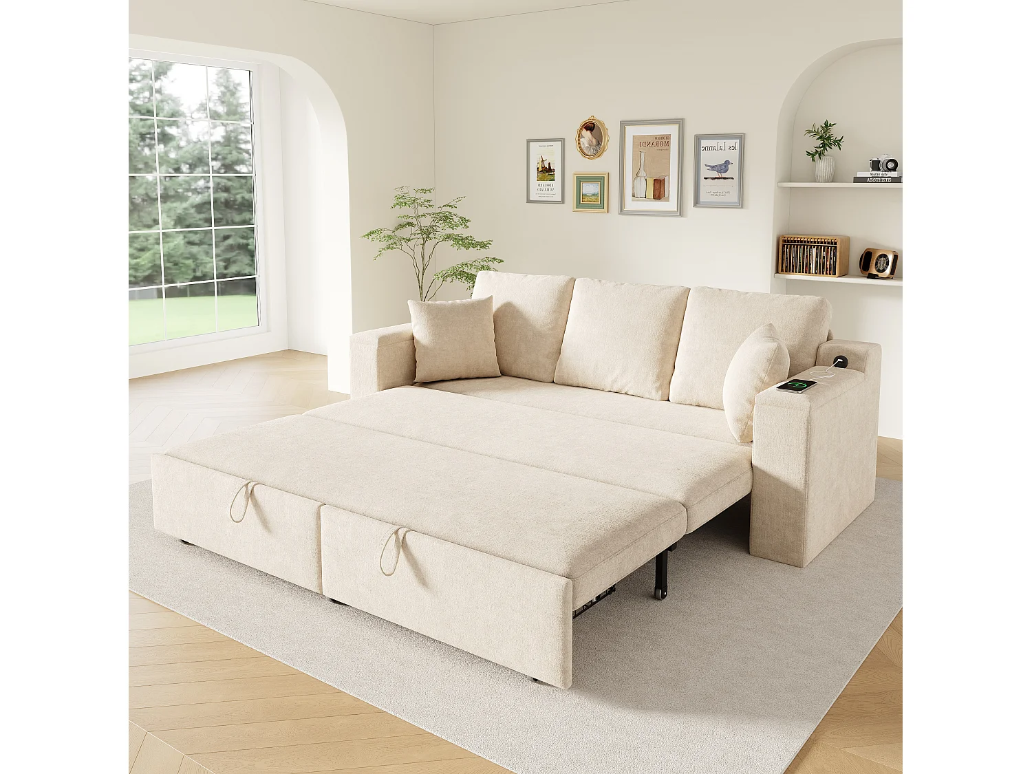 Multifunktions-Sofa 3 in 1 - 3 Personen - mit Stauraum - mit USB-Ladeanschluss - Chenille-Stoff - Beige