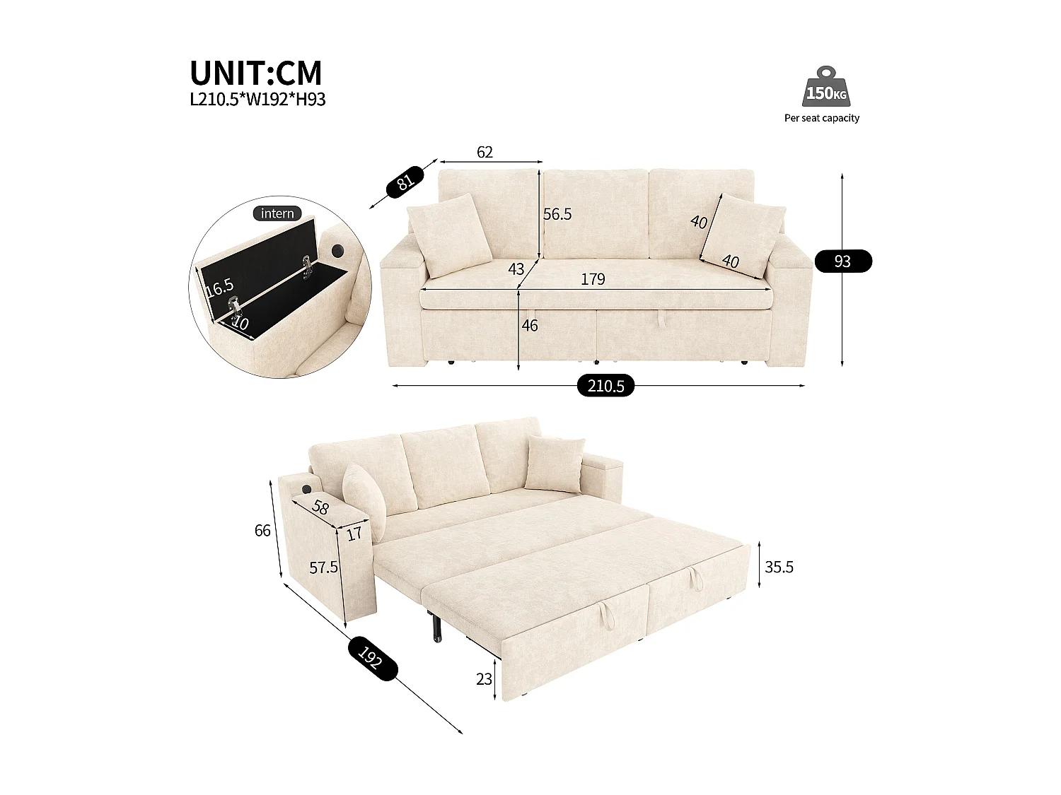 Multifunktions-Sofa 3 in 1 - 3 Personen - mit Stauraum - mit USB-Ladeanschluss - Chenille-Stoff - Beige