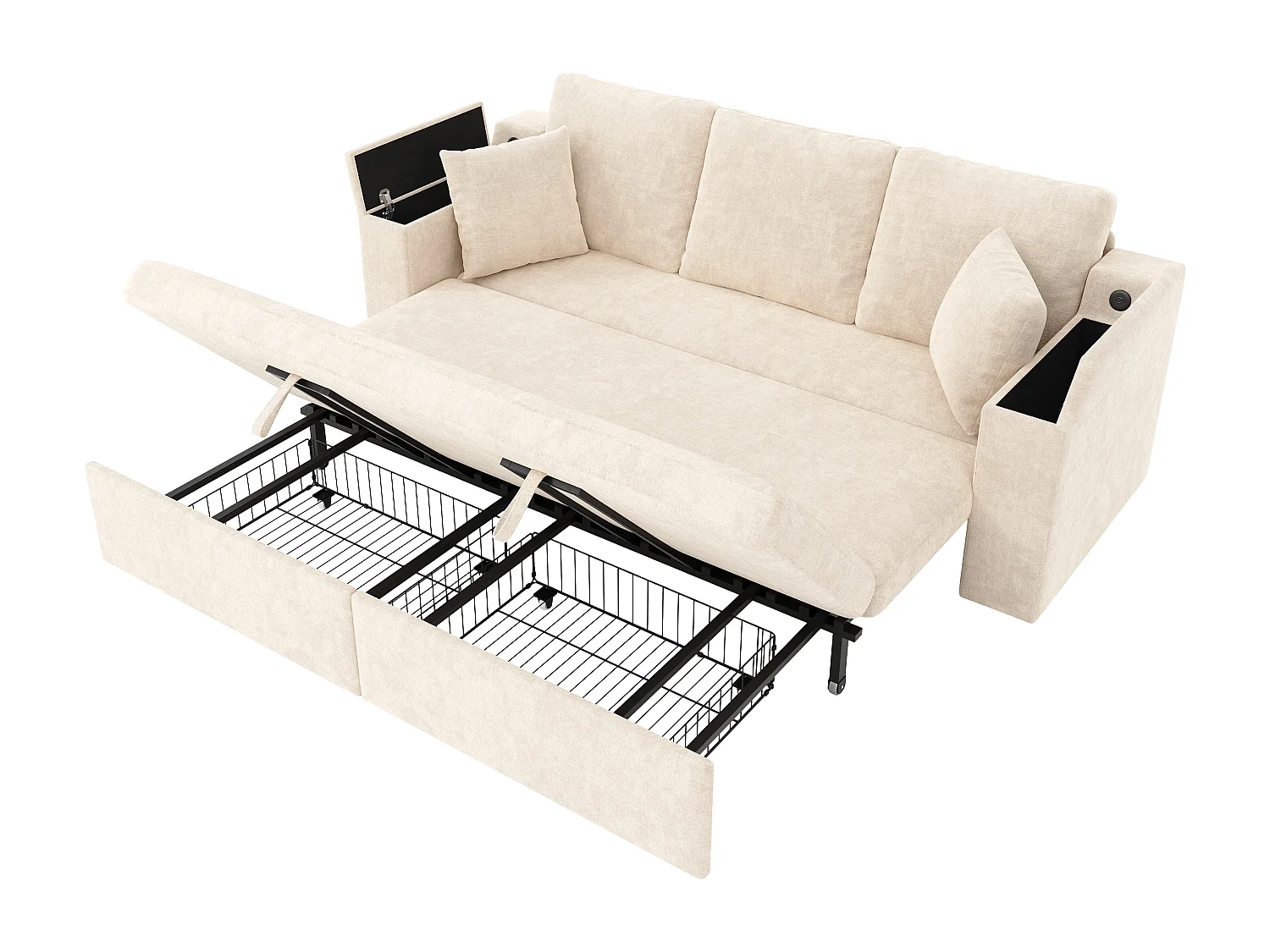 Multifunktions-Sofa 3 in 1 - 3 Personen - mit Stauraum - mit USB-Ladeanschluss - Chenille-Stoff - Beige