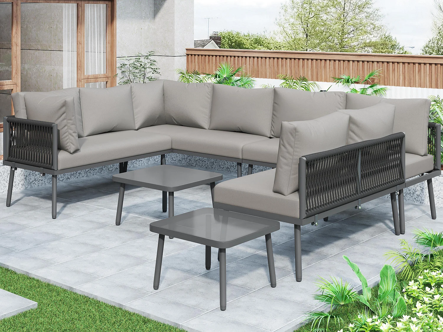 Set di mobili da giardino per 8 persone - include 2 tavoli e 4 poltrone - cuscini inclusi - grigio