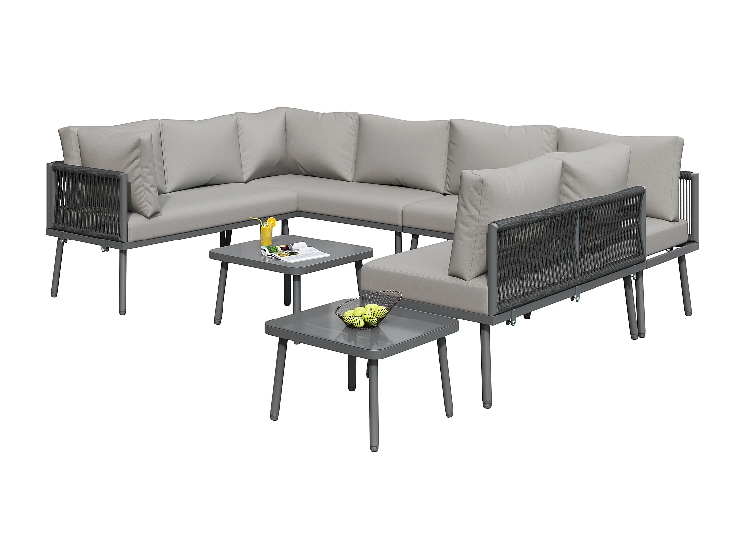 Set di mobili da giardino per 8 persone - include 2 tavoli e 4 poltrone - cuscini inclusi - grigio