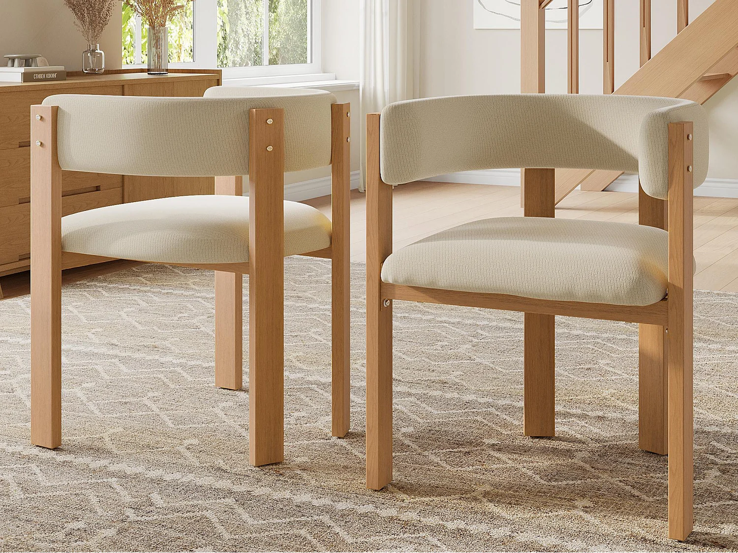 Set aus 2 gepolsterten Esstischstühlen - aus Flanellstoff - Eisenfüße in Holzoptik - beige + Natur