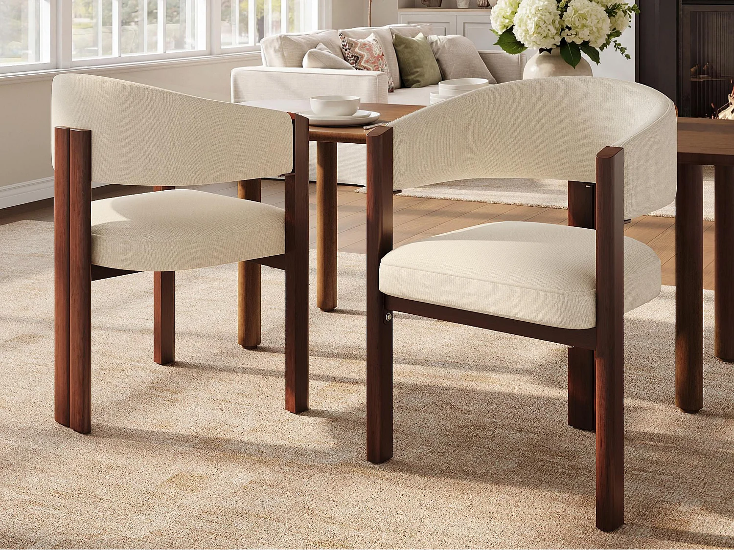 Set aus 2 gepolsterten Esstischstühlen - aus Flanellstoff - Eisenfüße in Holzoptik - beige