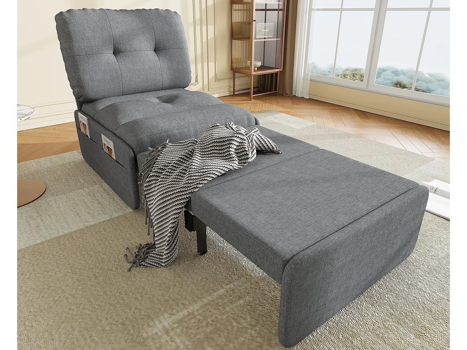 Canapé 1 place 2 en 1 - Canapé-lit, Fauteuil - Avec matelas dépliable - Sac de rangement - Structure en bois +Tissu lin - Gris