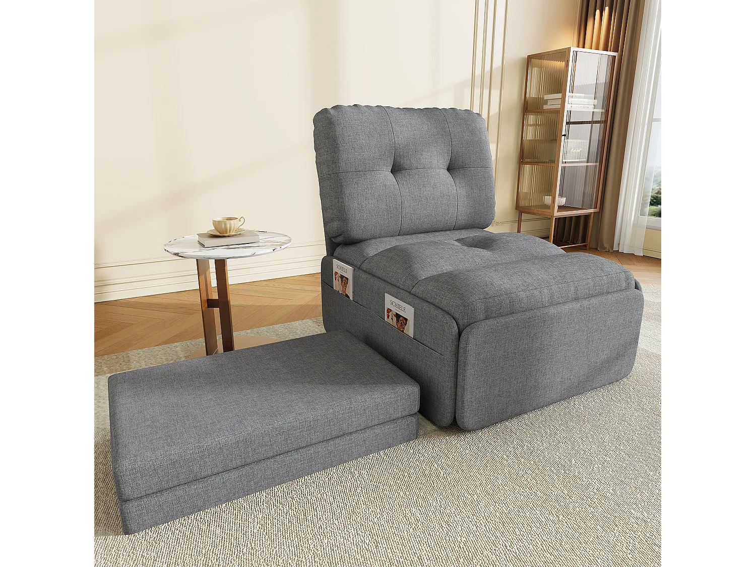 Canapé 1 place 2 en 1 - Canapé-lit, Fauteuil - Avec matelas dépliable - Sac de rangement - Structure en bois +Tissu lin - Gris