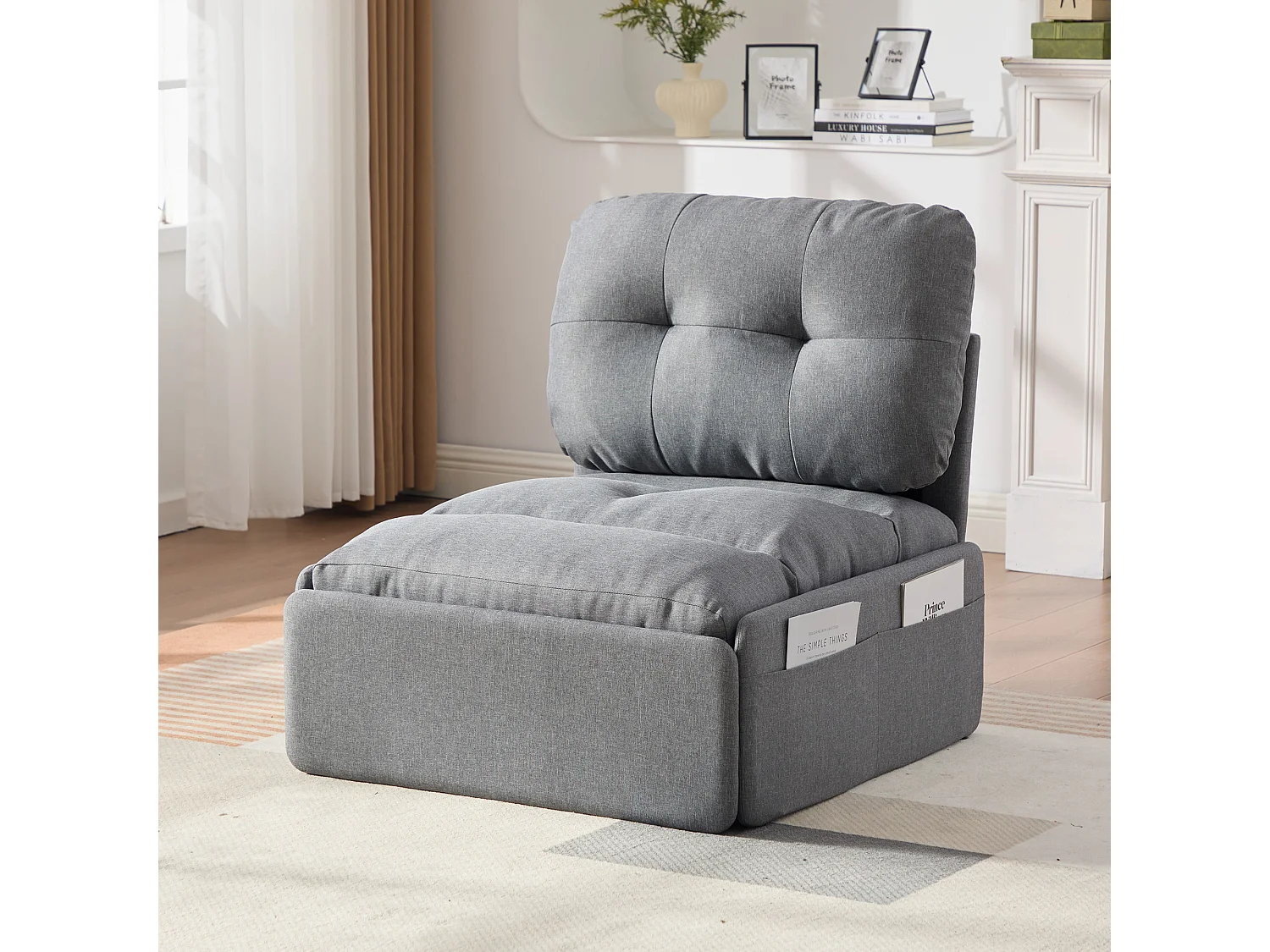 Canapé 1 place 2 en 1 - Canapé-lit, Fauteuil - Avec matelas dépliable - Sac de rangement - Structure en bois +Tissu lin - Gris